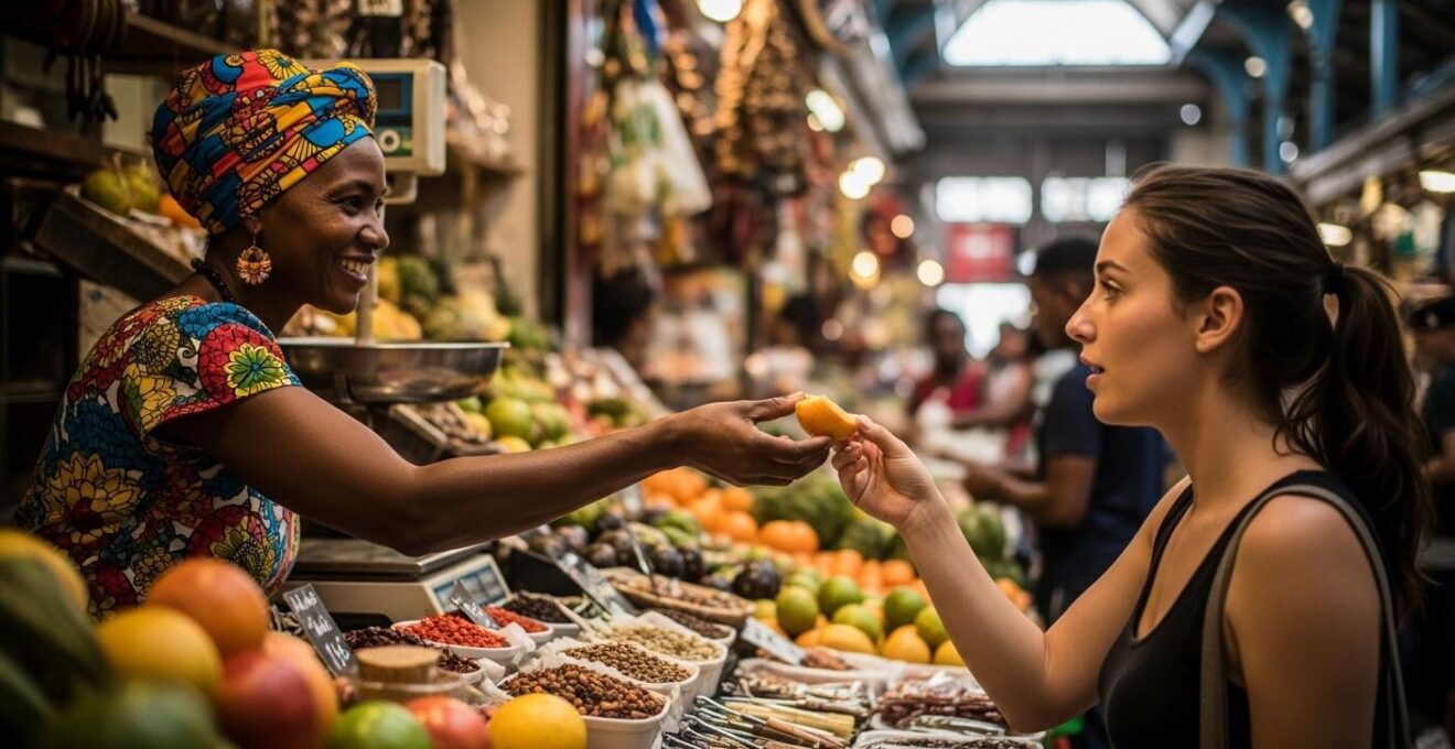 Scène vivante dans un marché coloré de Pointe-à-Pitre avec vendeurs et clients en interaction
