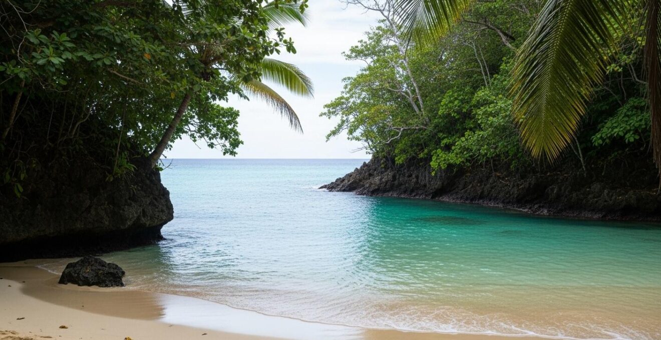 Plage sauvage d'Anse à la Gourde avec cocotiers, sable fin et eaux calmes à Saint-François