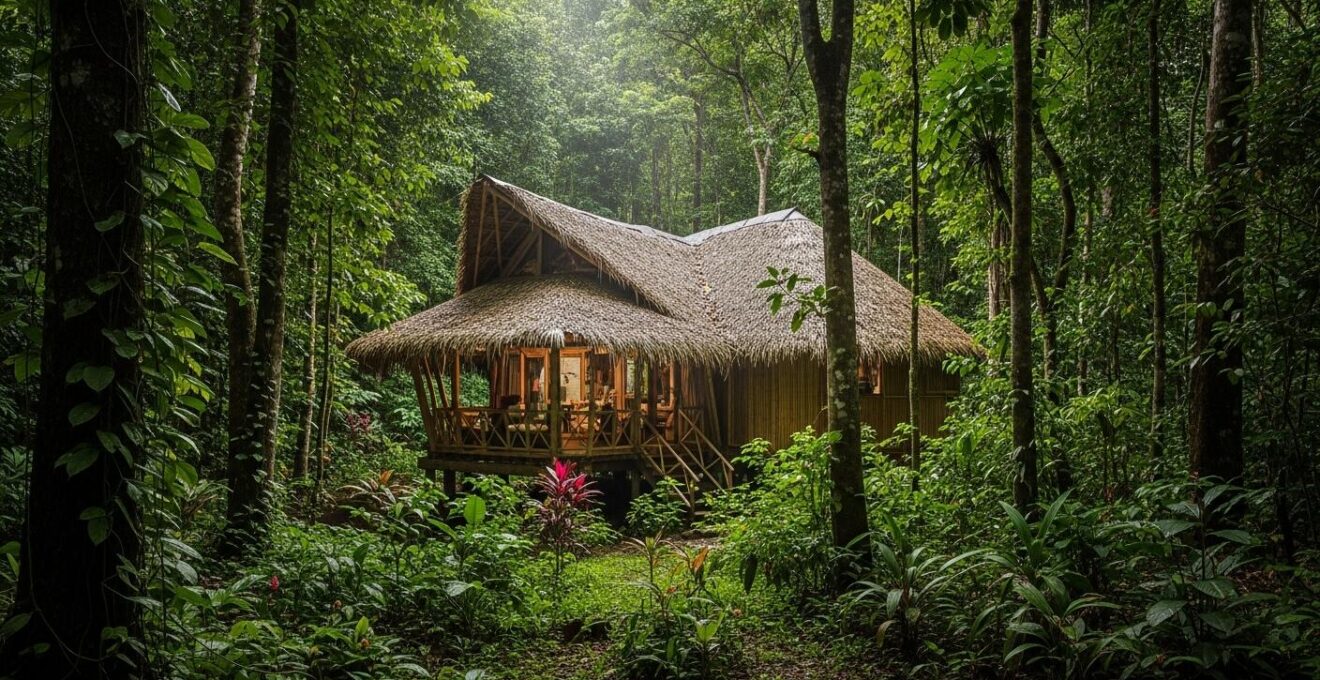 Vue d'un ecolodge écologique intégré dans la forêt tropicale de Guadeloupe