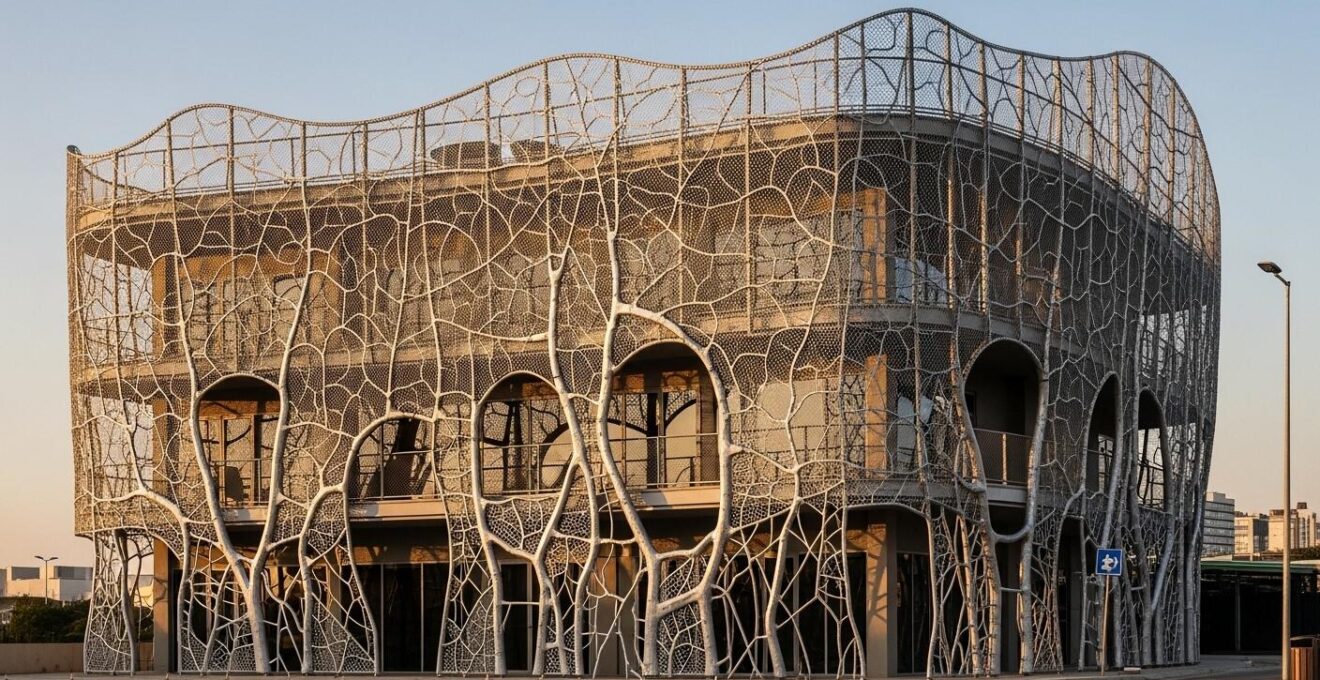 Façade du Mémorial ACTe avec son habillage en résille argentée sur fond de ciel bleu