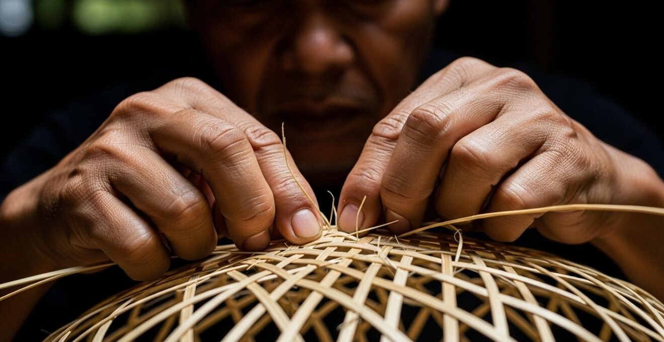 Artisan en train de tresser un salako traditionnel en bambou aux Saintes