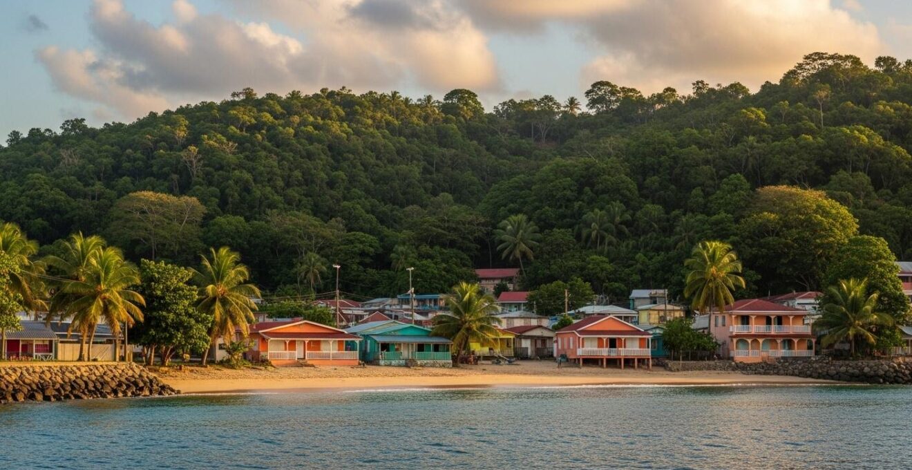 Plage de Guadeloupe avec vue sur forêt tropicale et village local, ambiance chaleureuse et naturelle