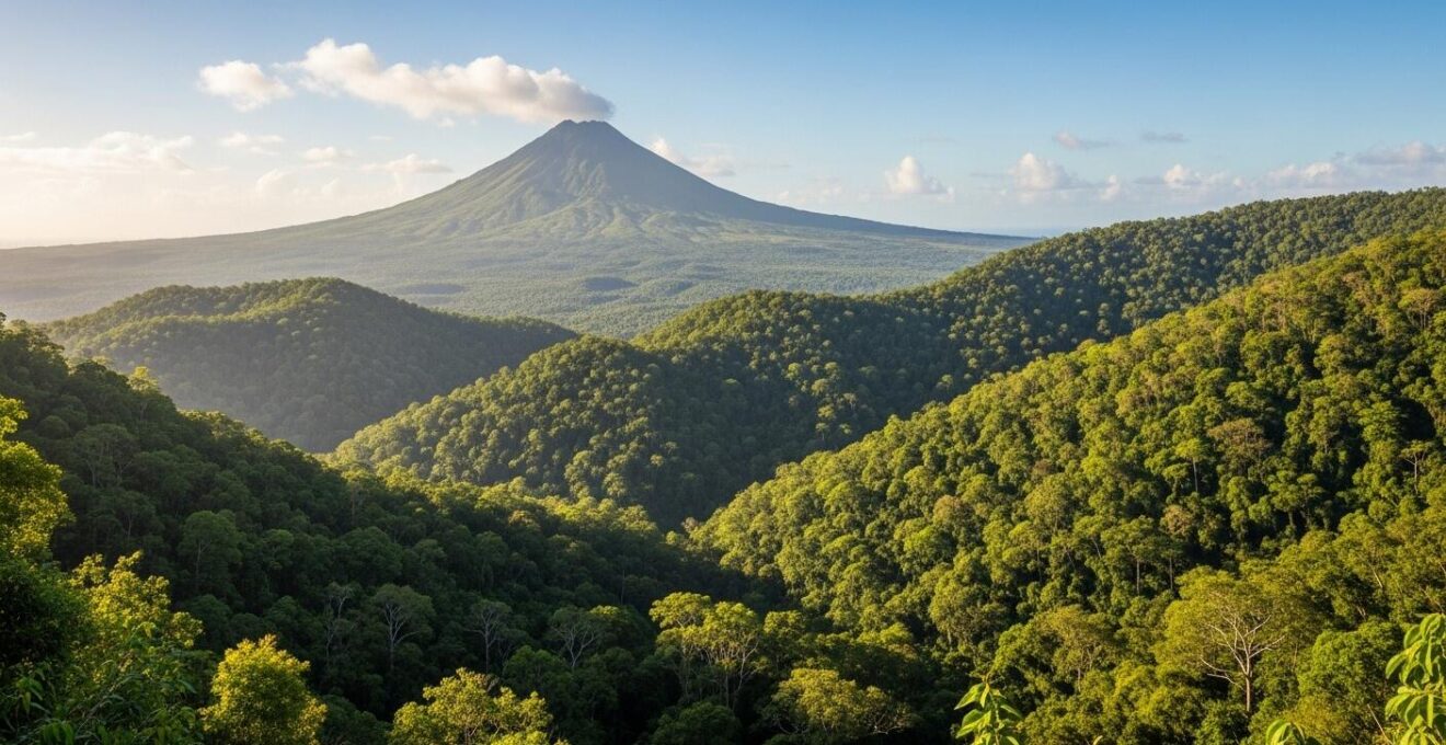 Vue panoramique de la forêt tropicale dense de Basse-Terre avec le sommet de la Soufrière en arrière-plan
