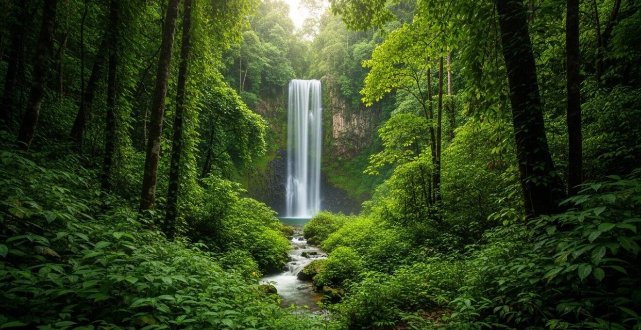 Vue panoramique réaliste du Parc National de Guadeloupe montrant une forêt tropicale luxuriante et une cascade dans un paysage montagneux sous un ciel lumineux