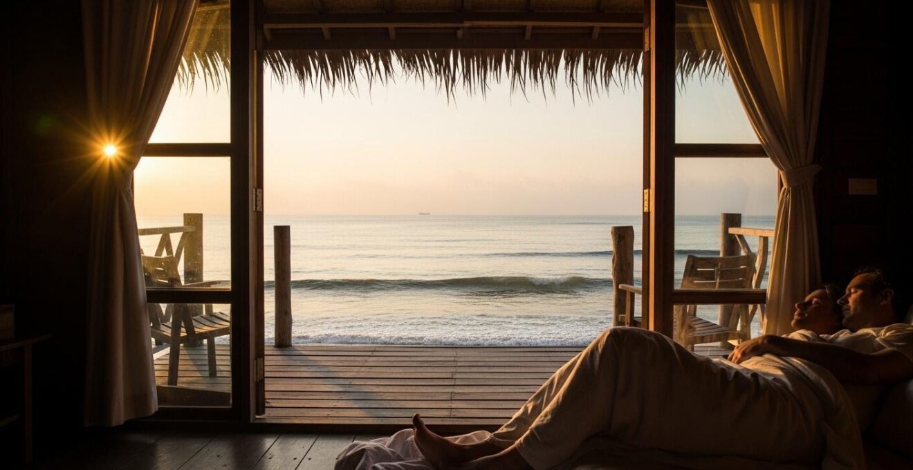 Bungalow en bois avec terrasse ouverte donnant sur une plage caraïbe et les eaux turquoise