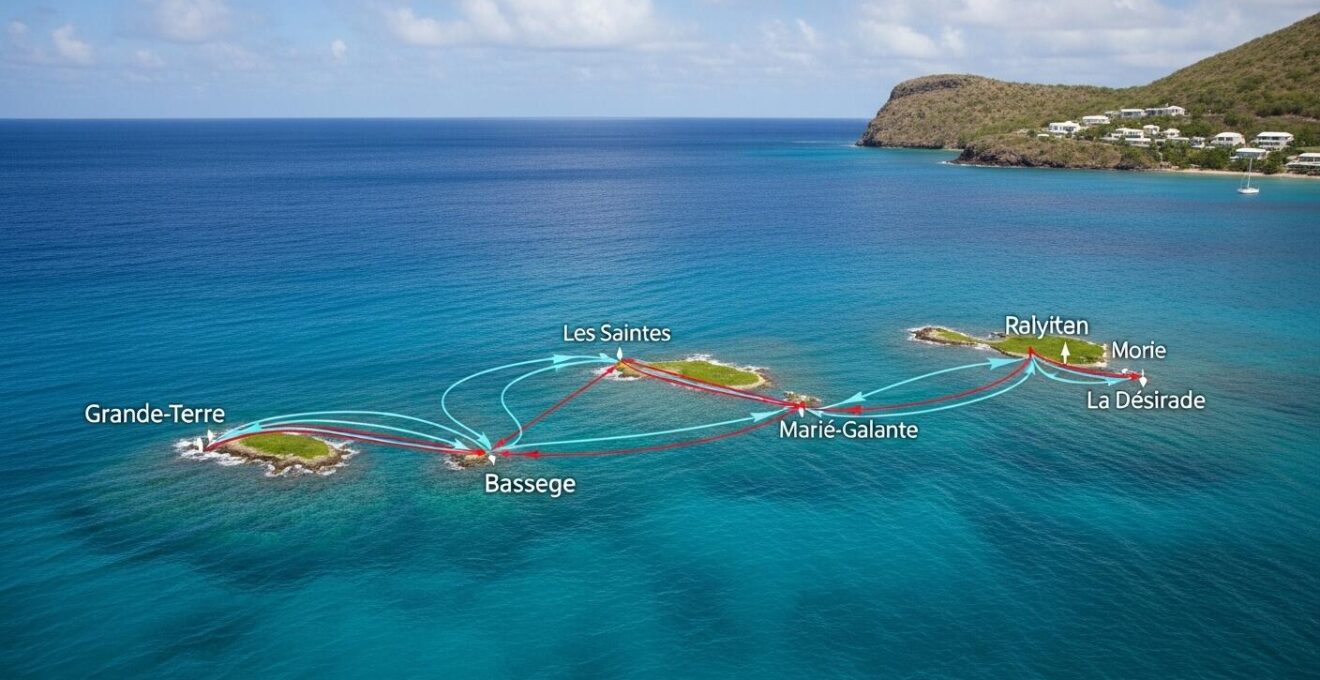 Carte stylisée montrant les lignes principales de ferry et navettes entre les îles de l'archipel guadeloupéen