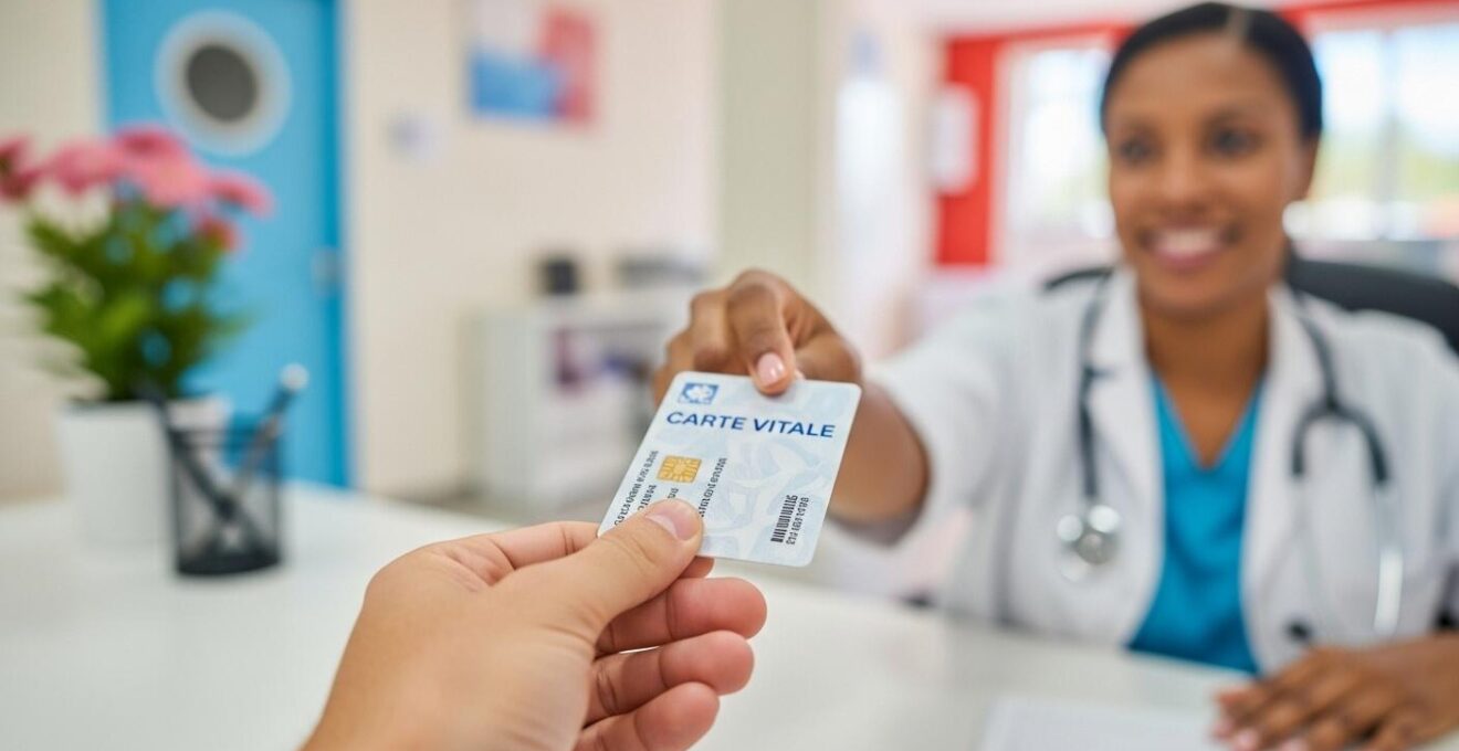 Carte Vitale présentée à l’accueil d’un cabinet médical en Guadeloupe.