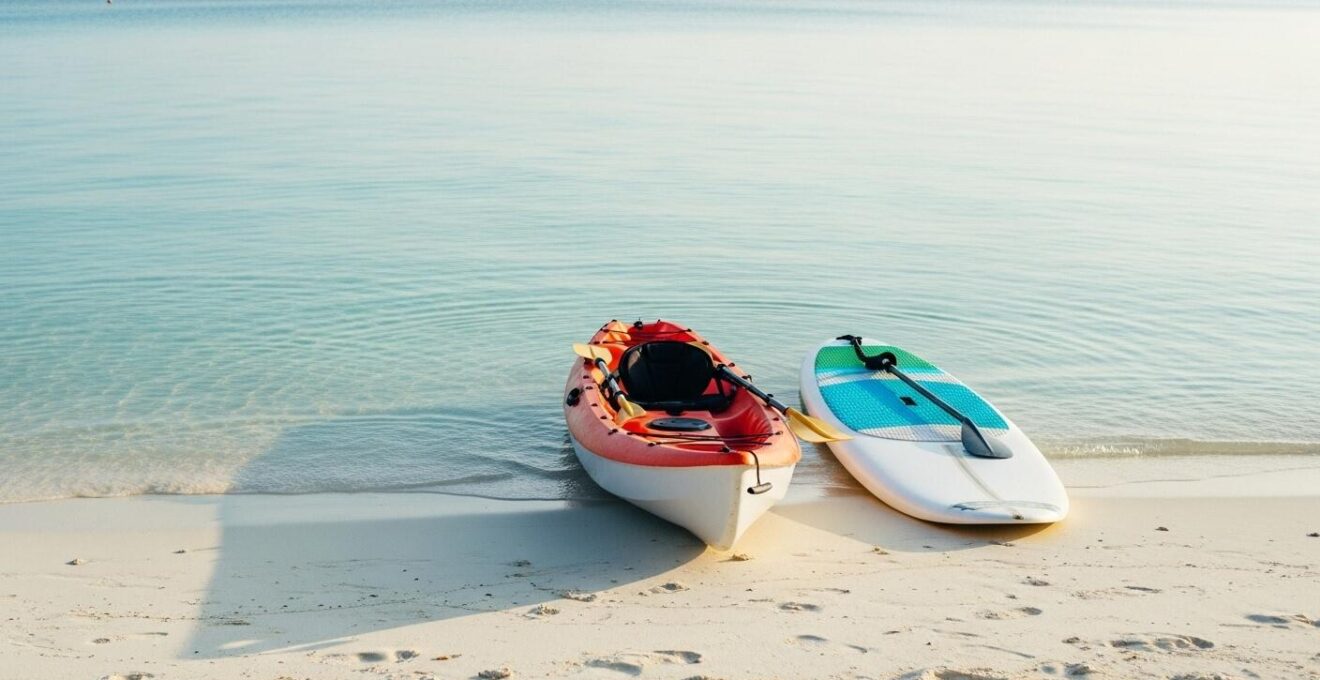Photo d’une composition environnementale avec un kayak posé sur une plage et une planche de paddle à côté, fond eau turquoise calme