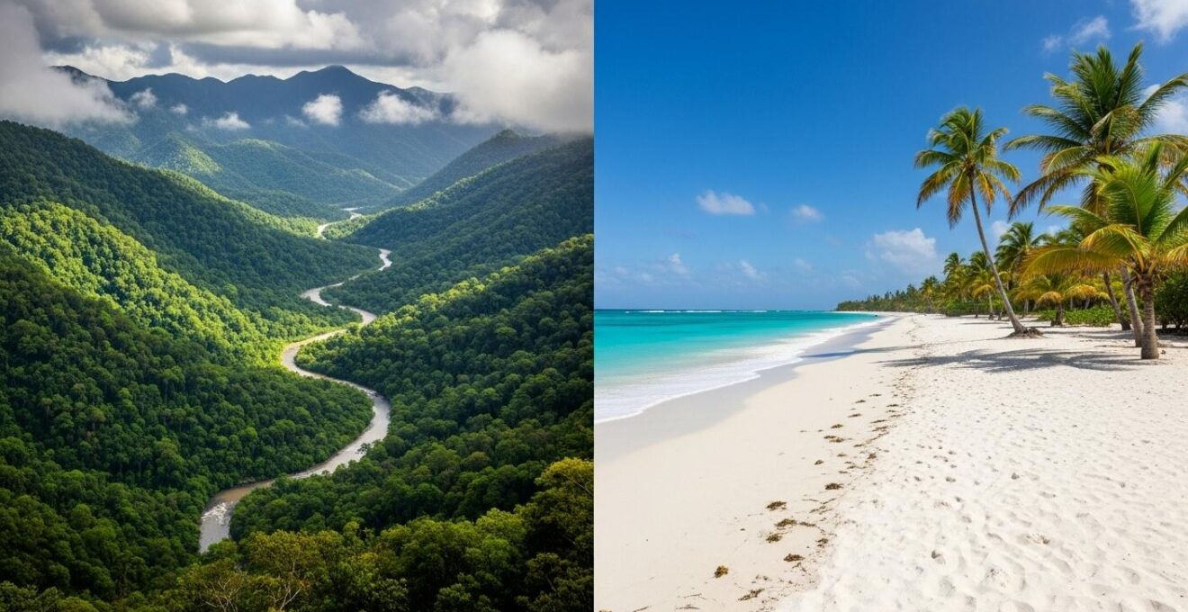 Vue en split-screen montrant d'un côté la forêt tropicale dense de Basse-Terre et de l'autre les plages de sable blanc de Grande-Terre