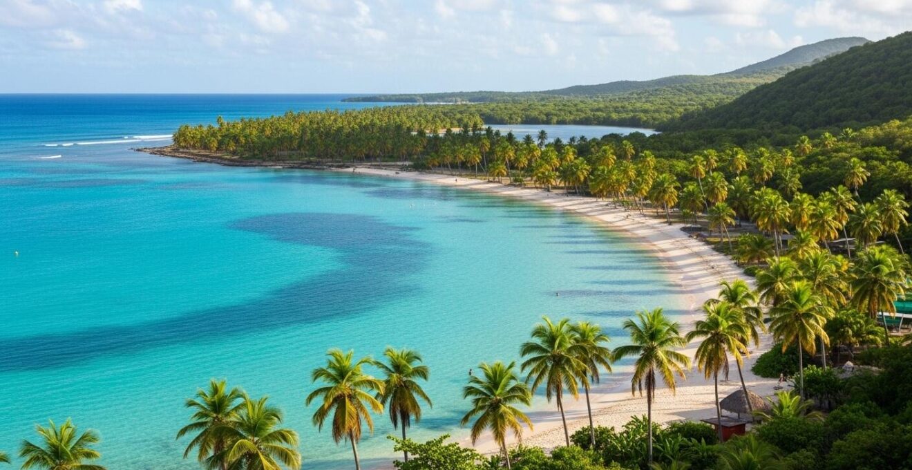 Vue panoramique hyperréaliste du lagon bleu de la Côte Caraïbes en Guadeloupe avec eau turquoise, plage de sable blanc et végétation luxuriante