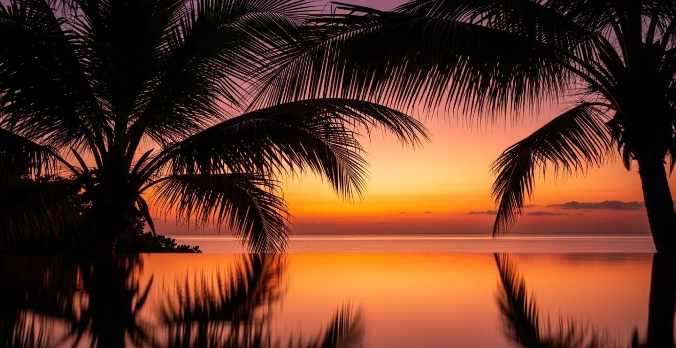 Coucher de soleil orangé sur la plage de Grande Anse à Deshaies avec silhouettes de palmiers