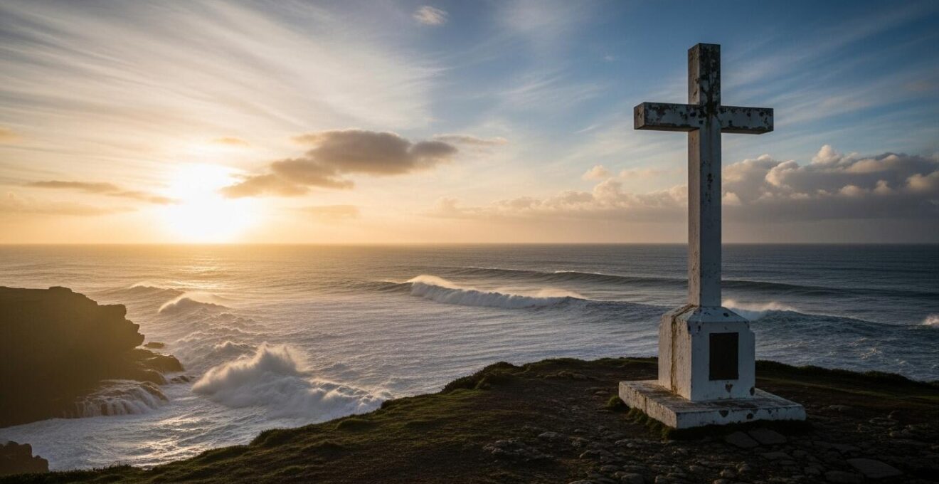 Croix blanche surplombant la Pointe des Châteaux avec l’océan en arrière-plan