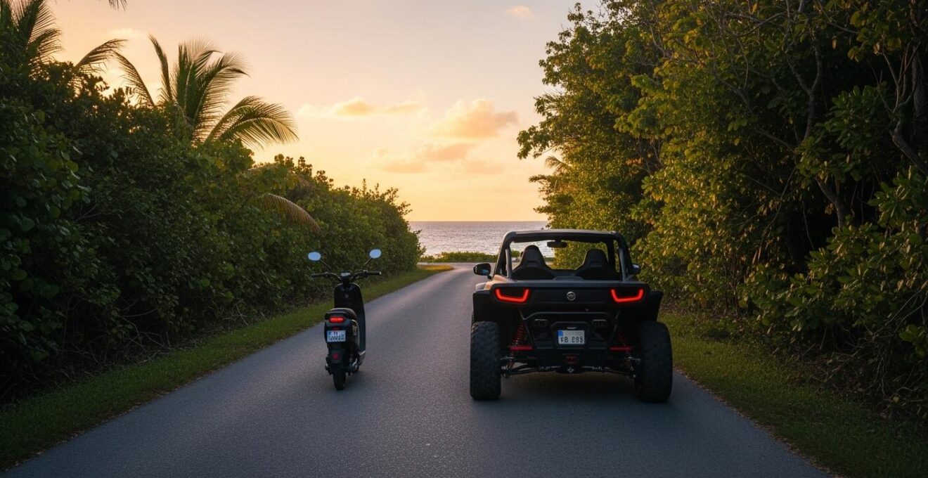 Scooter et voiturette électrique sur route étroite typique des Saintes, avec paysage insulaire en arrière-plan