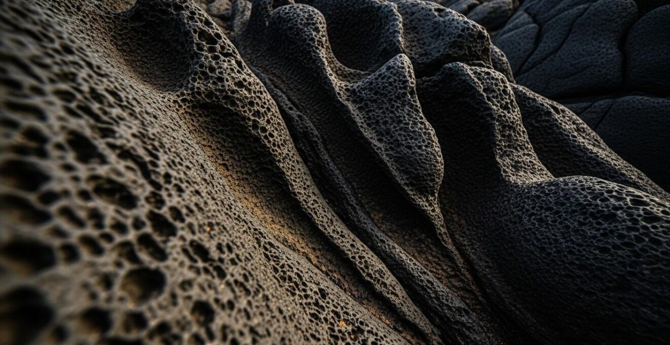 Gros plan hyperréaliste sur des roches volcaniques caractéristiques de la réserve naturelle de La Désirade