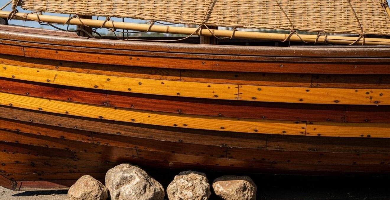Vue détaillée d'une barque saintoise traditionnelle montrant la coque en bois et la voile en bambou