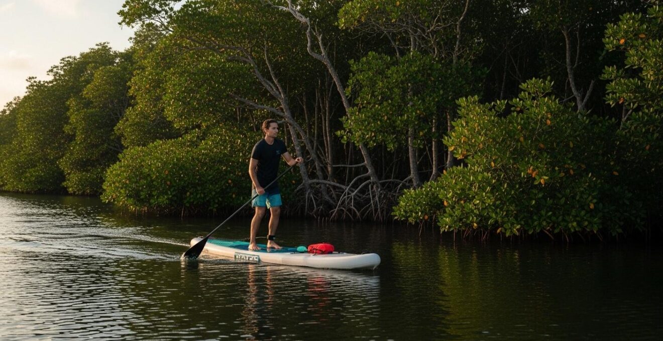 Personne en paddle sur une eau calme près d'une mangrove en Guadeloupe