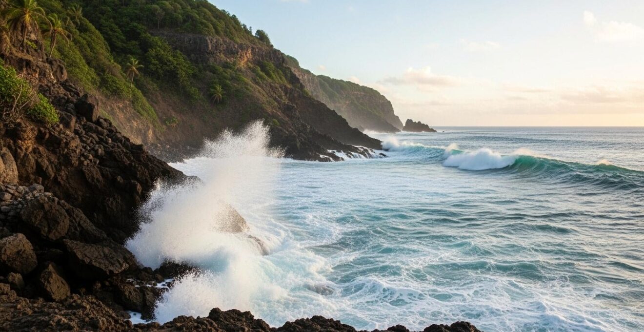 Vue panoramique d'une plage sauvage et puissante de la côte Atlantique de Grande-Terre avec vagues déchaînées et falaises