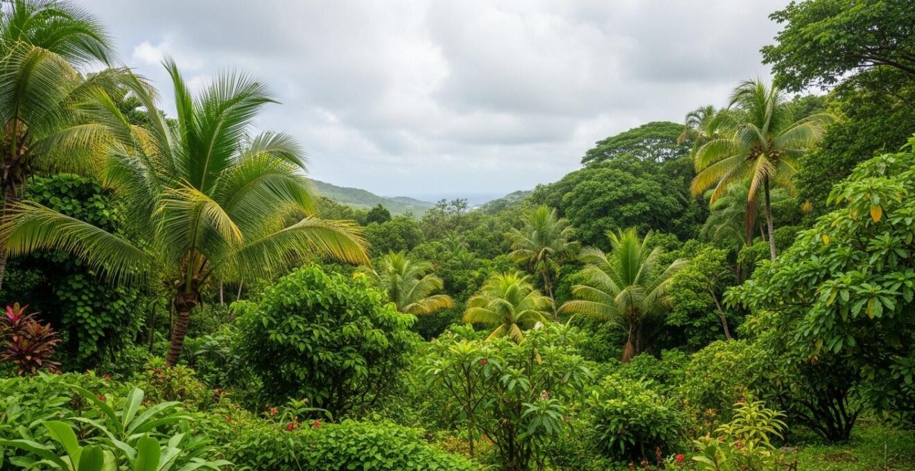 Paysage naturel luxuriant en Guadeloupe pendant la basse saison avec ciel nuageux et lumière douce