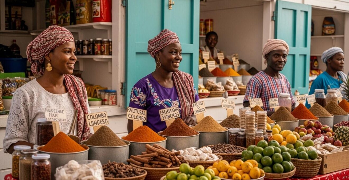 Scène vivante d'un marché coloré en Guadeloupe avec des vendeuses en madras, étals d'épices et fruits tropicaux