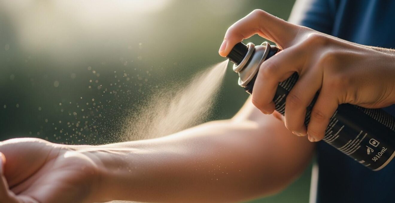 Photographie d’une main appliquant un spray anti-moustique sur la peau, avec un flou artistique en arrière-plan d’un paysage tropical