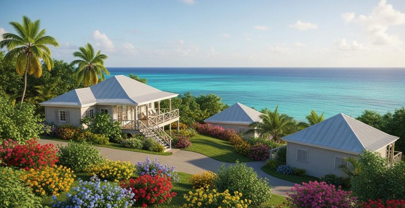 Vue panoramique d'un hébergement tropical en Guadeloupe avec mer turquoise, végétation luxuriante et ciel lumineux
