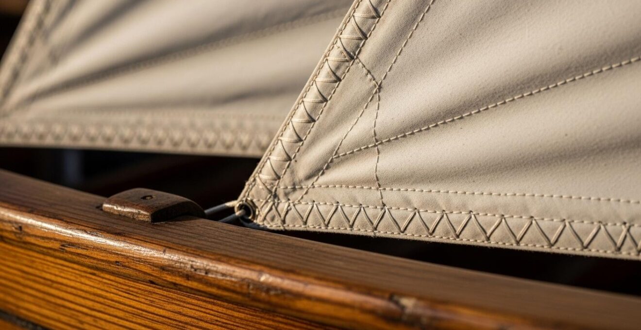 Détail du bois et voile d'une saintoise traditionnelle prête à appareiller