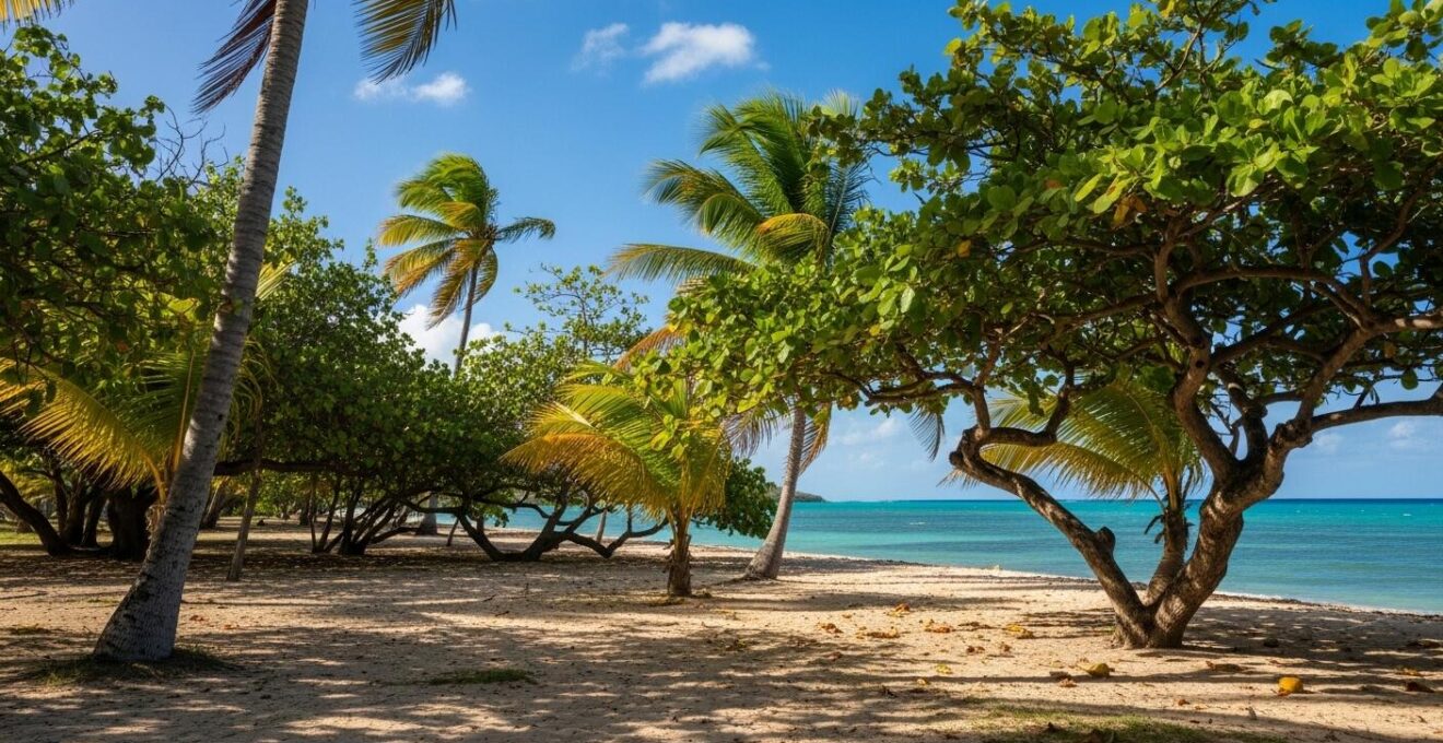 Vue environnementale d'une côte de Guadeloupe balayée par les alizés