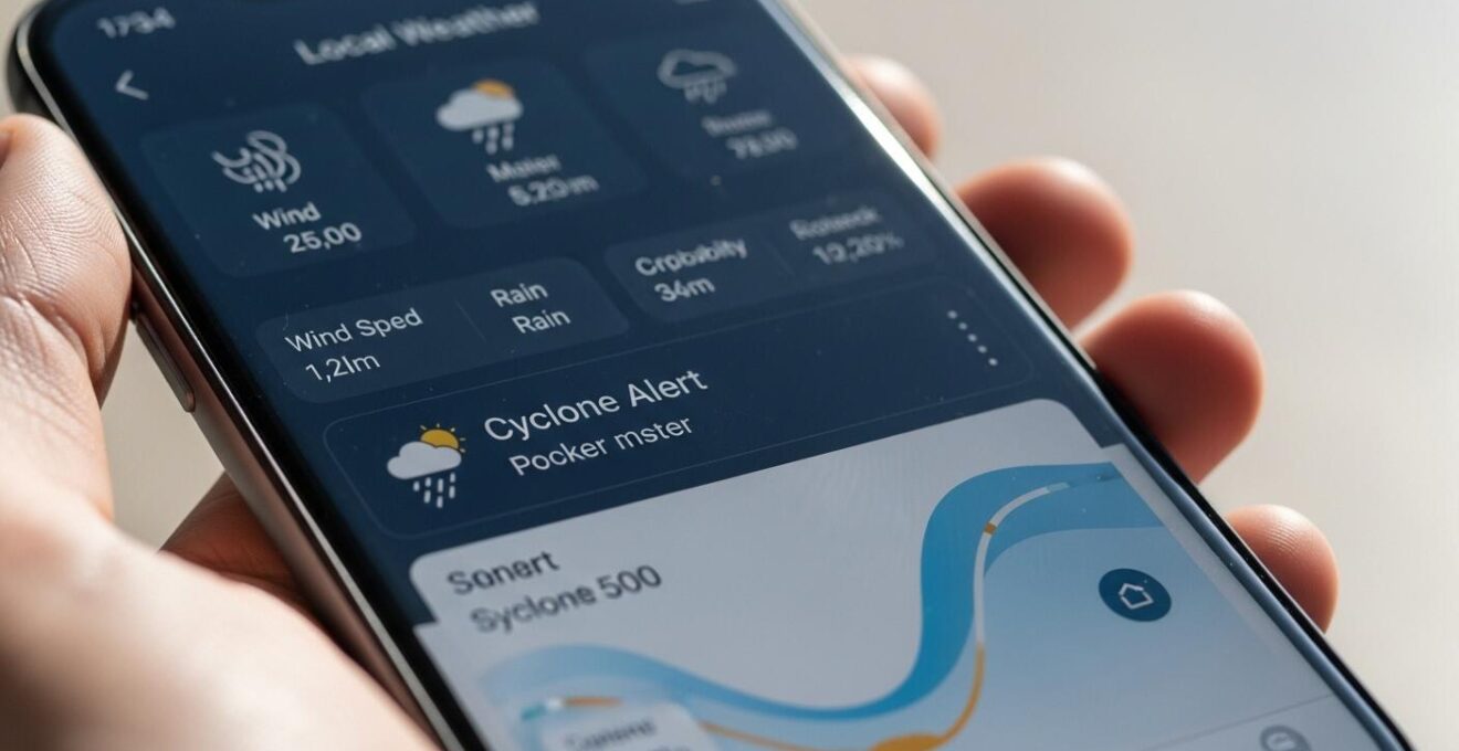 Gros plan sur un smartphone affichant une application météo Guadeloupe avec informations de vent et précipitations