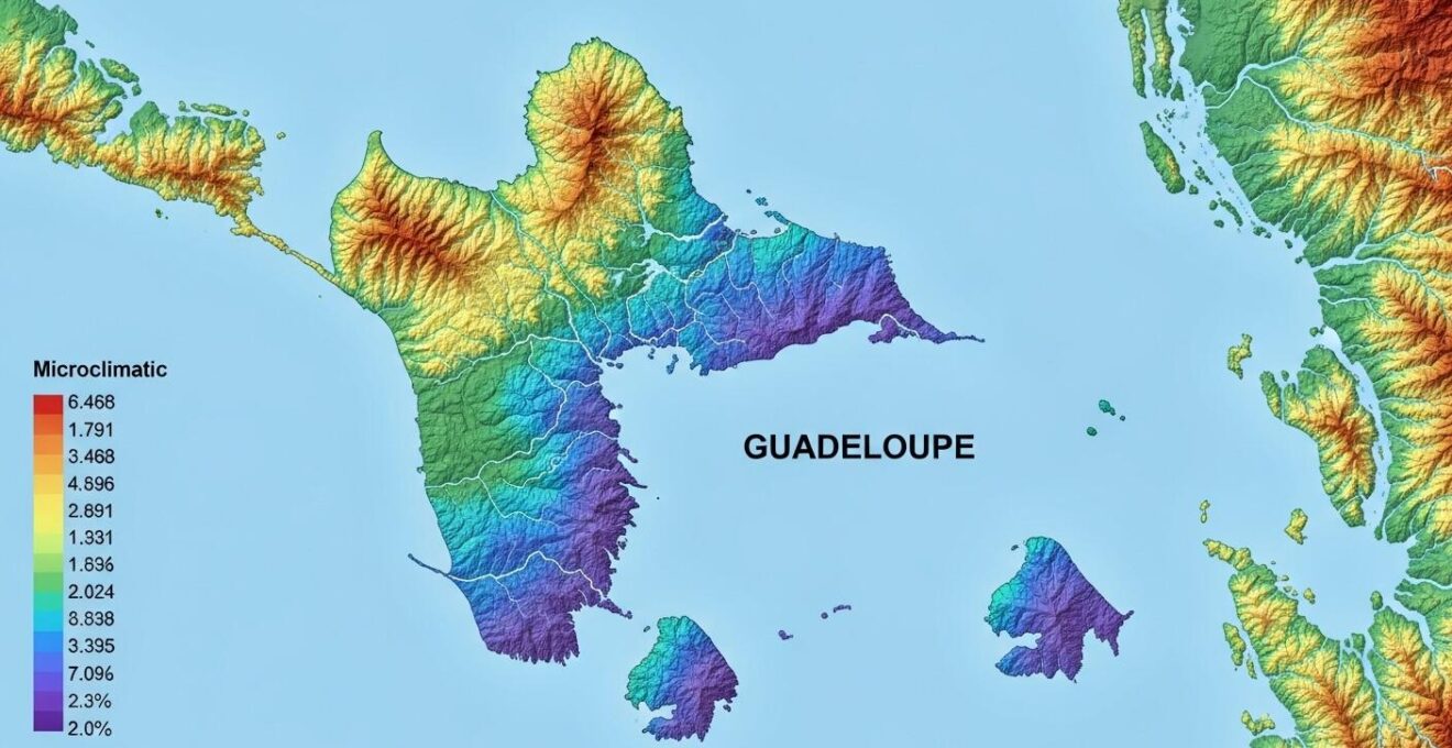 Carte thermique et pluviométrique de zones contrastées en Guadeloupe illustrant les microclimats