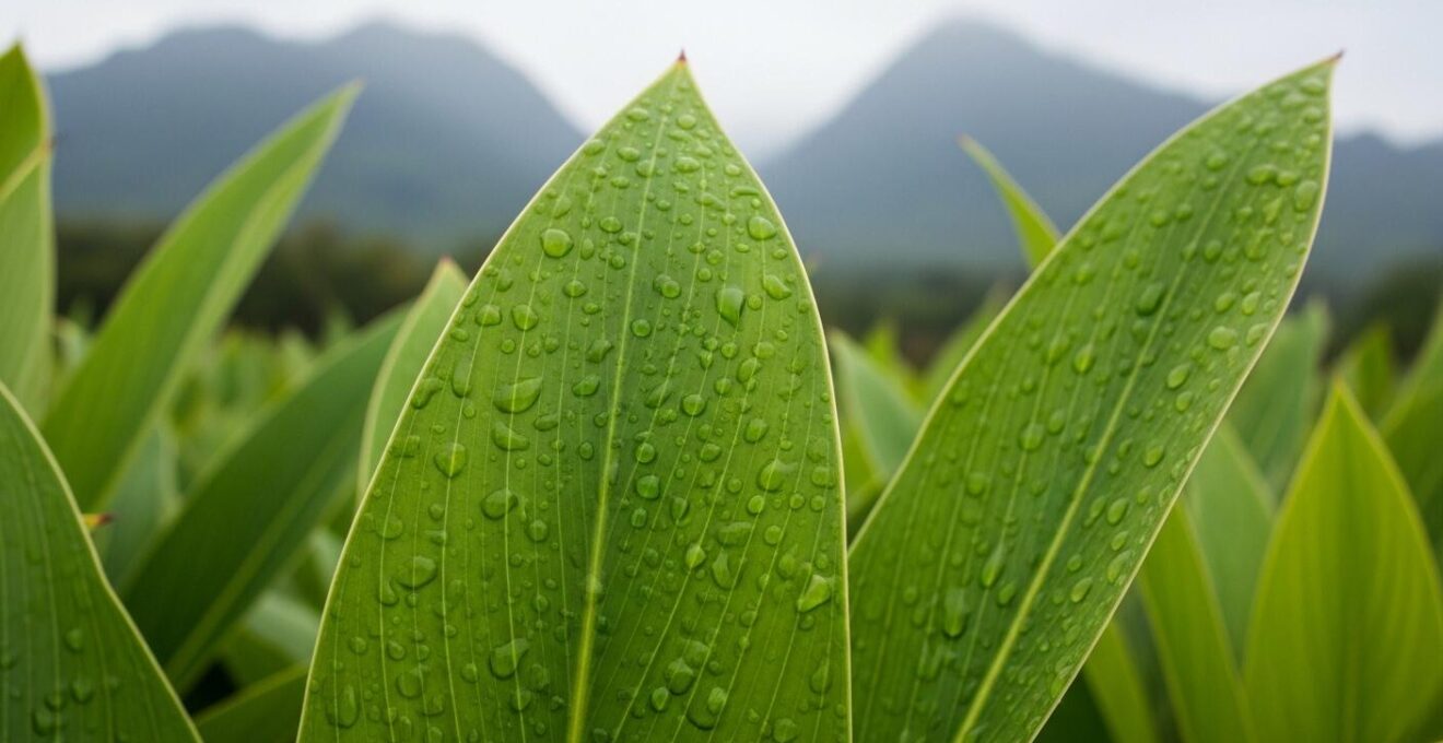 Photo macro d’un détail de feuilles tropicales mouillées par la pluie sur une île avec arrière-plan flou de montagne