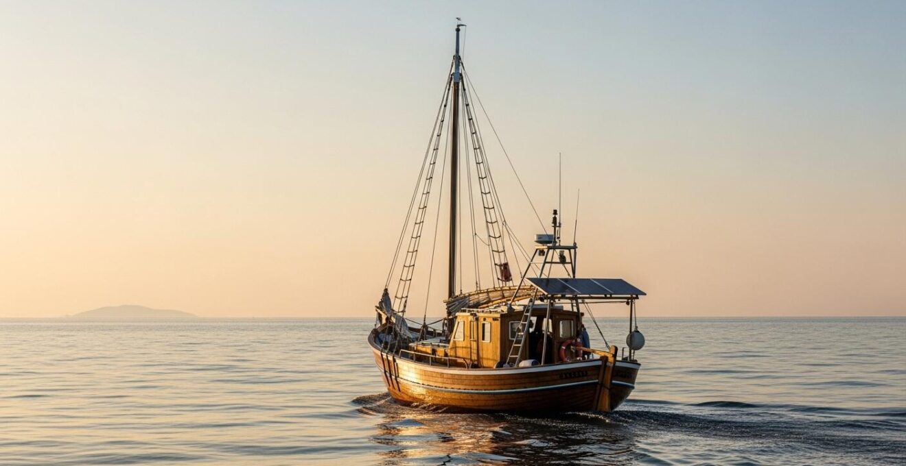 Un pêcheur saintois manoeuvrant sa saintoise en mer à l'aube
