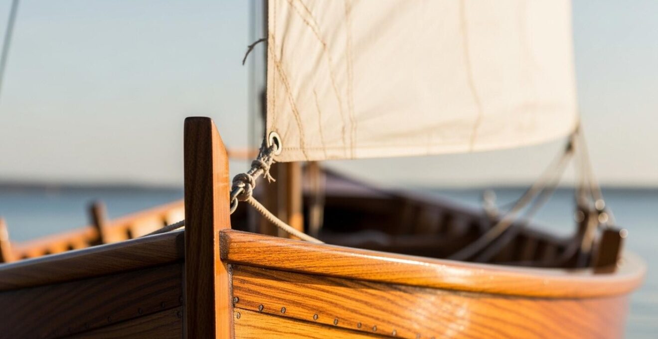 Détail en gros plan de la saintoise traditionnelle montrant la voile triangulaire et les matériaux en bois