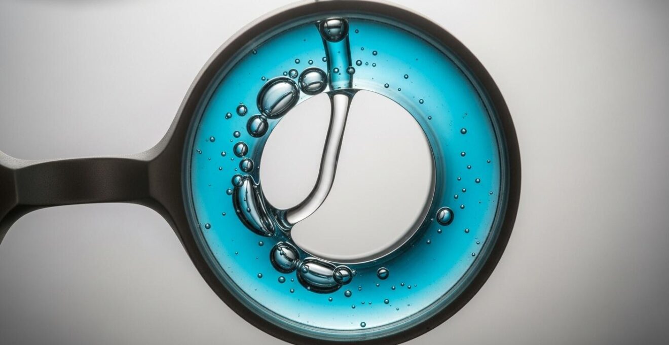 Gros plan hyperréaliste sur lunettes anti-mal de mer Boarding Ring avec liquide bleu en mouvement