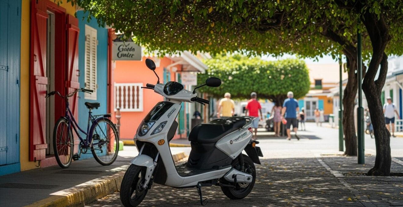 Photo réaliste d’une rue typique des Saintes avec un scooter électrique garé, un vélo et des piétons marchant sous des arbres