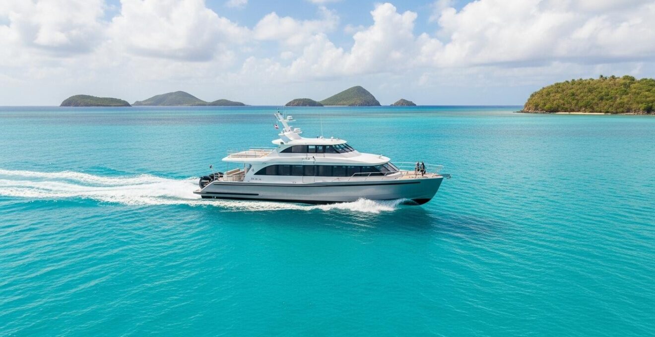 Photographie réaliste d'une navette maritime traversant les eaux turquoise de l'archipel guadeloupéen
