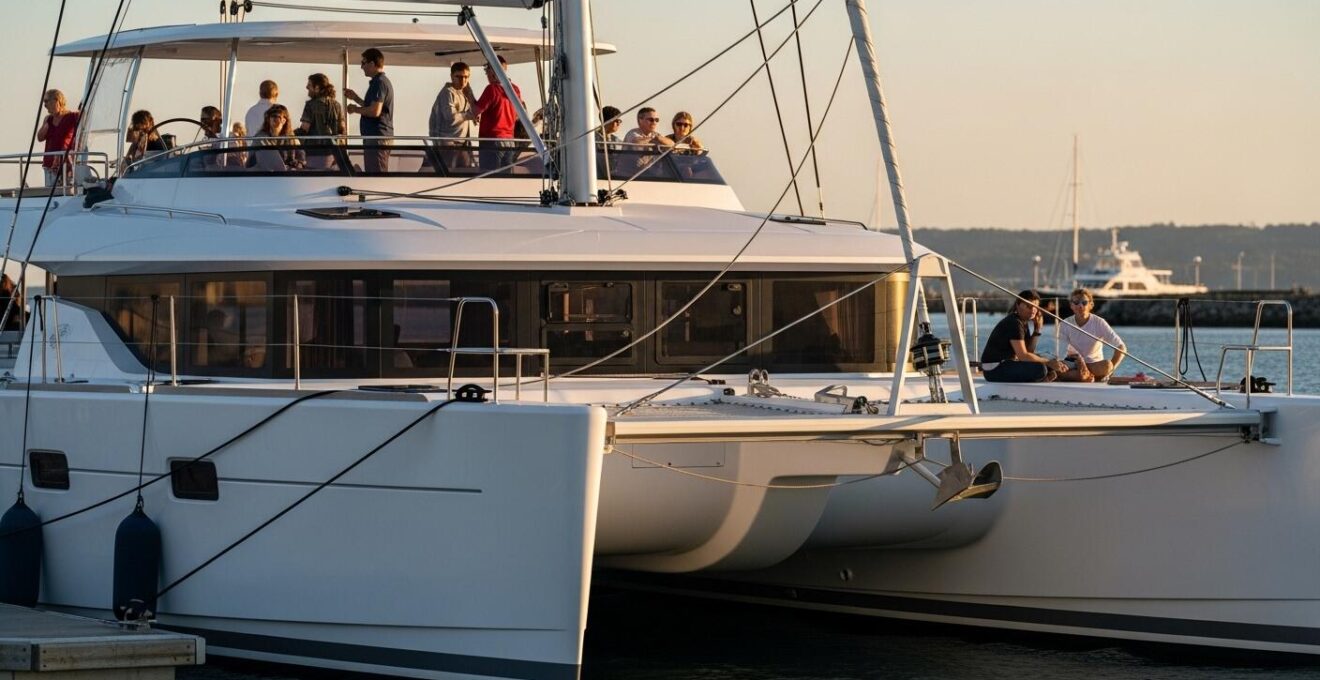 Photographie d'un catamaran moderne de la compagnie maritime sur une mer calme avec passagers sur le pont
