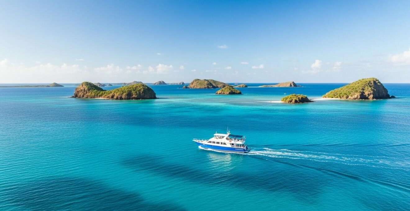 Vue panoramique de l'archipel de la Guadeloupe avec un bateau sur la mer turquoise sous un ciel bleu éclatant