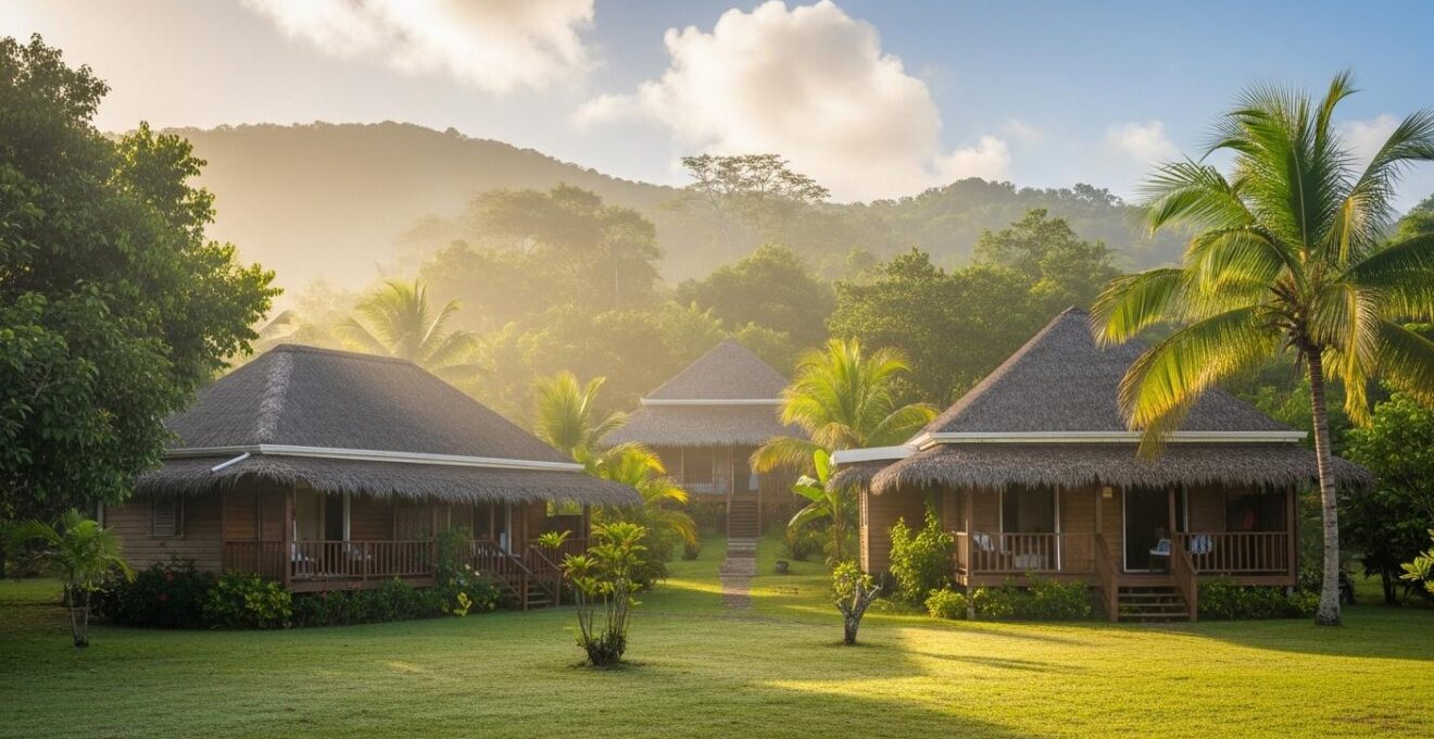 Vue panoramique de divers types d'hébergements en Guadeloupe entourés par la nature luxuriante au lever du soleil