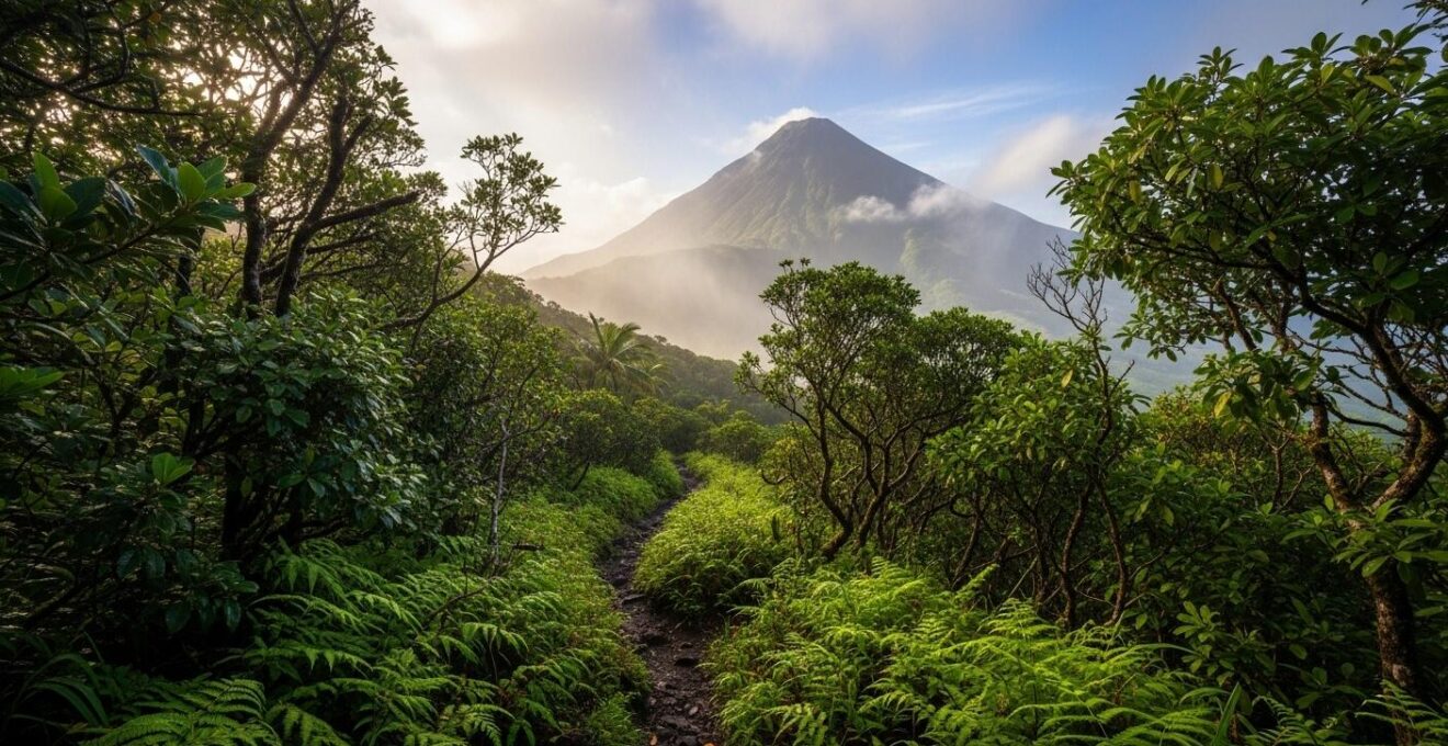 Sentier de randonnée en forêt tropicale avec vue sur le volcan de la Soufrière