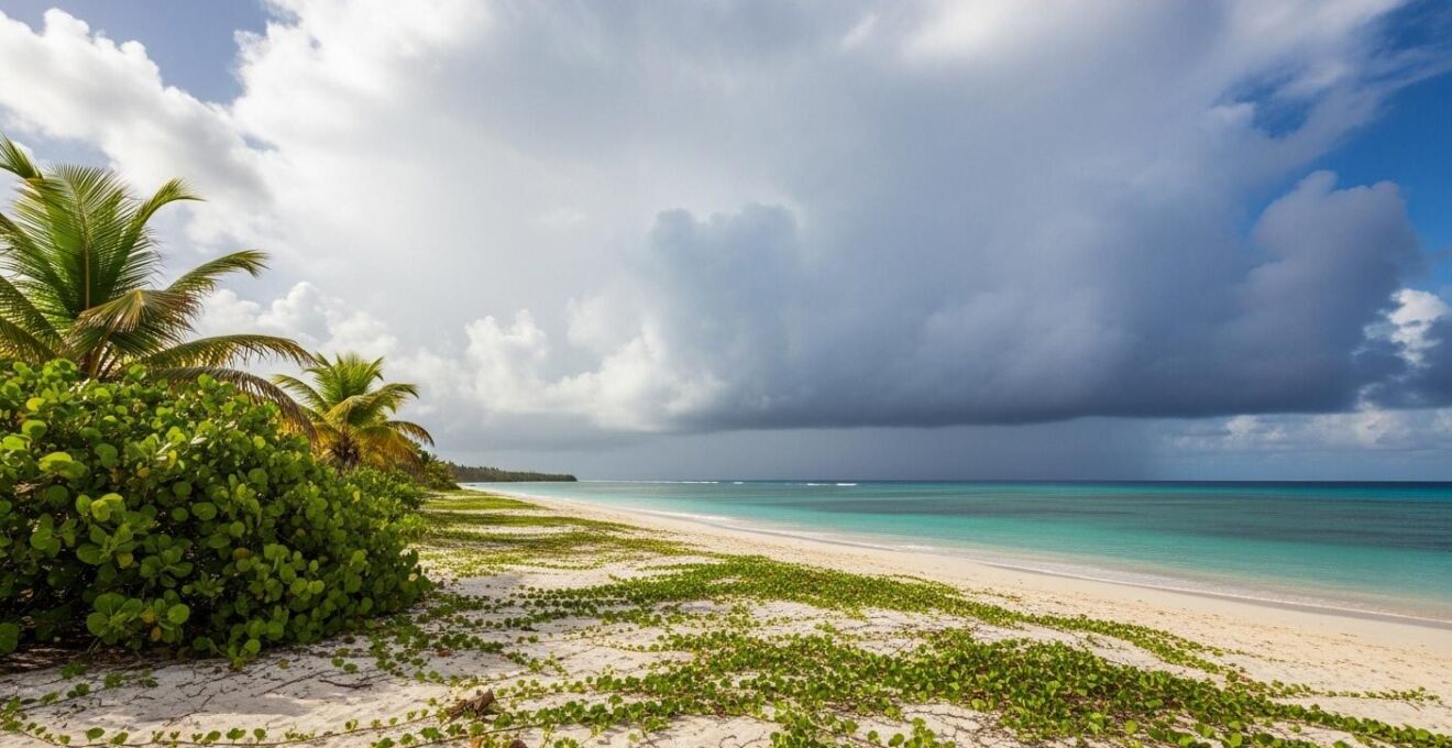 Plage tropicale en Guadeloupe sous un ciel dramatique avec nuages cumulus, évoquant les variations climatiques mensuelles.
