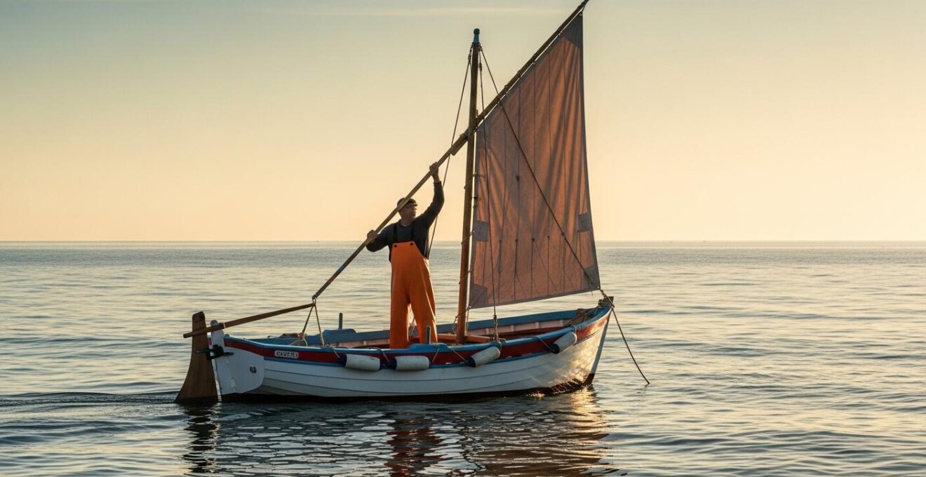 Un pêcheur saintois sur sa saintoise au lever du jour, paysage marin paisible