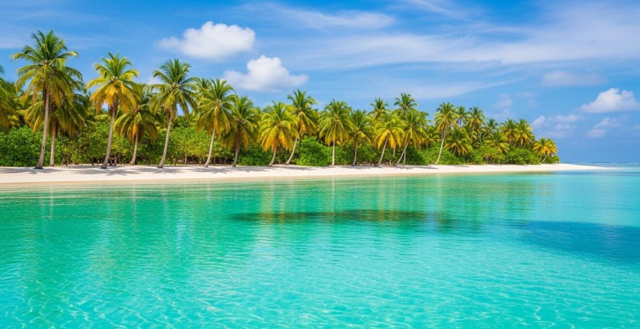 Vue panoramique d'une plage de sable fin avec lagon turquoise en Guadeloupe sous un ciel bleu clair