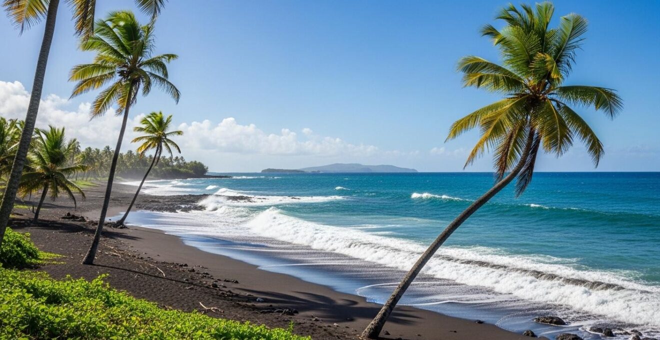Vue large de la plage de sable noir volcanique Grande Anse avec cocotiers et vagues