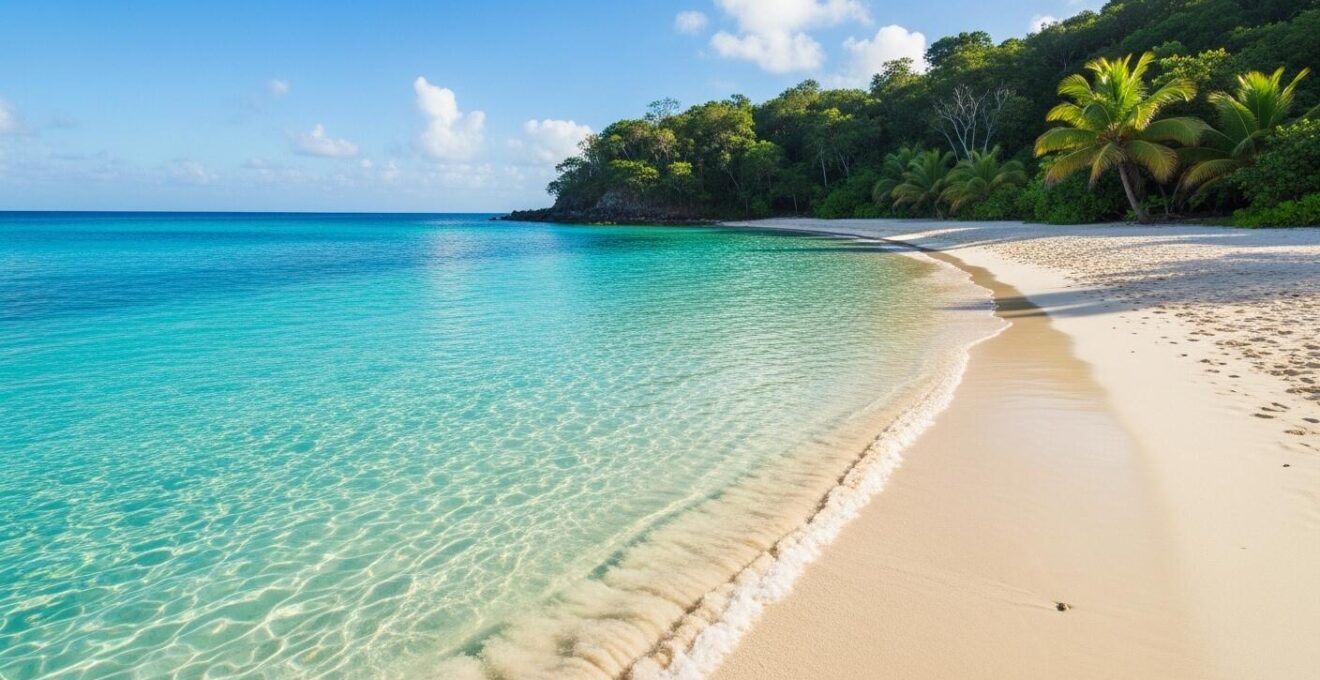 Vue panoramique d'une plage secrète en Guadeloupe avec eau turquoise transparente et végétation luxuriante