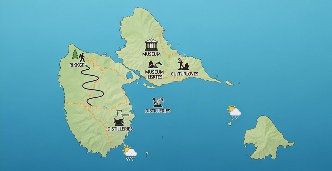 Carte illustrée des activités adaptées à la météo en basse saison en Guadeloupe