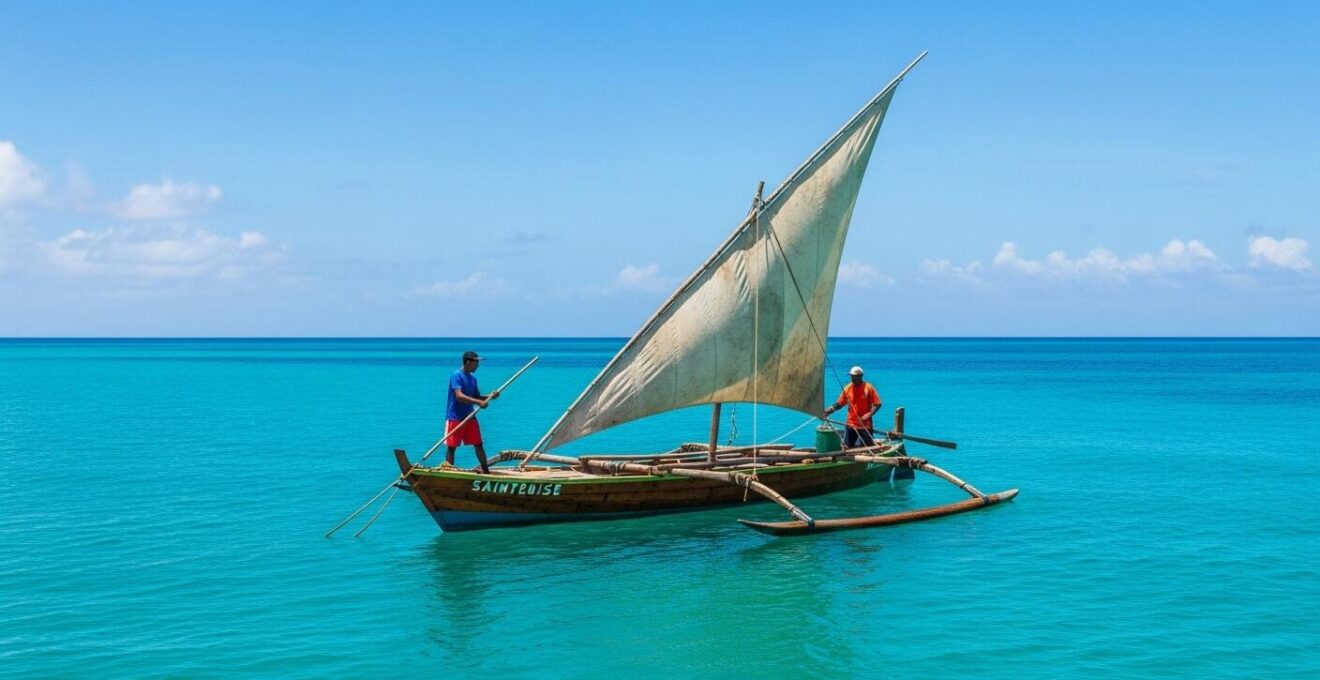 Vue panoramique d'une saintoise traditionnelle sur une mer turquoise avec des pêcheurs en pleine activité, sous une lumière naturelle éclatante.