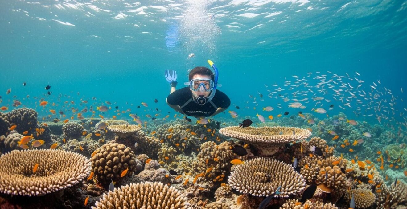 Plongeur sous-marin observant les coraux et poissons dans la réserve Cousteau en Guadeloupe