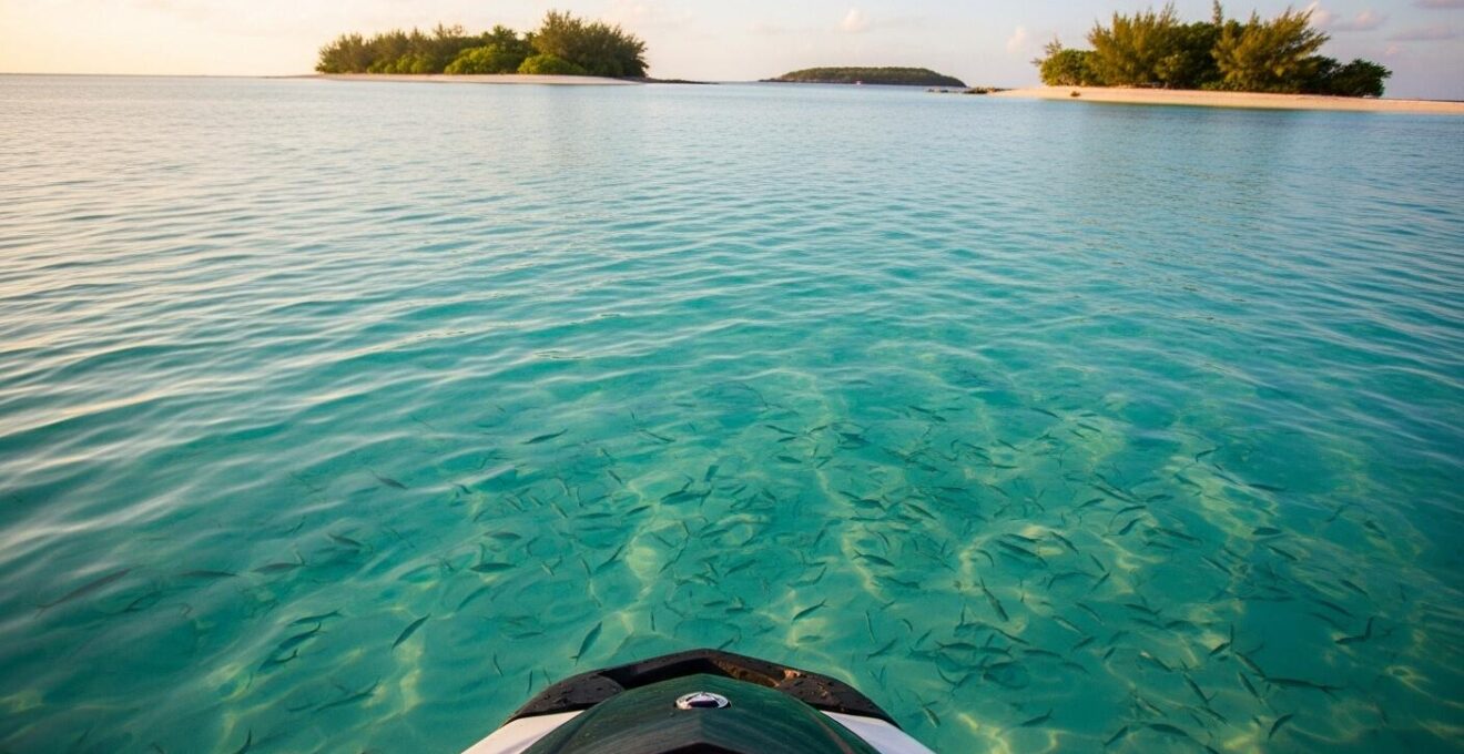 Vue immersive d’un guidage en jet ski sur les eaux calmes autour d’îlets et criques cachées
