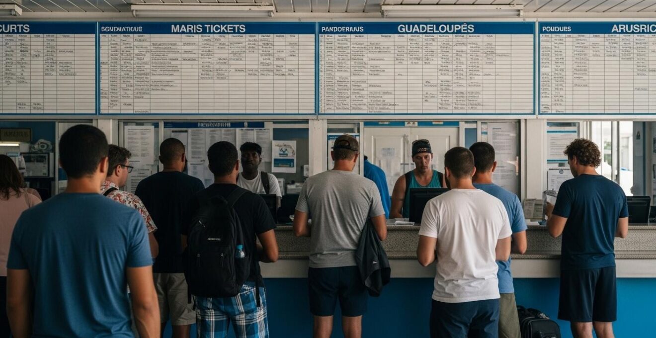 Illustration documentaire montrant un guichet de billetterie maritime avec voyageurs en attente et affichage des horaires