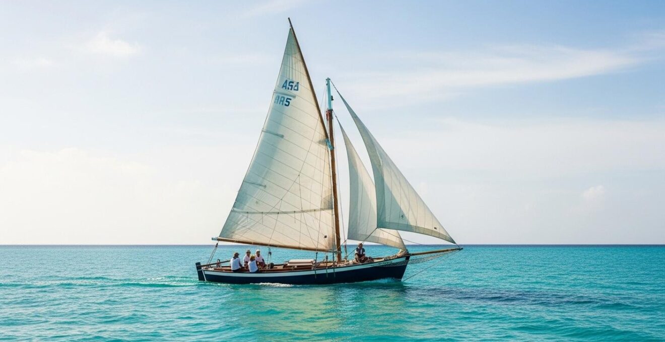 Barque saintoise traditionnelle avec voile triangulaire naviguant sur la mer turquoise des Saintes sous ciel clair
